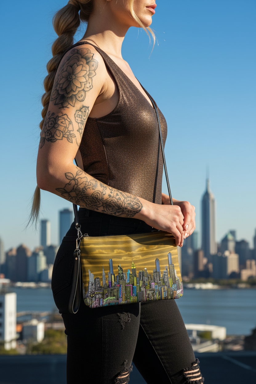 Woman holding a yellow crossbody bag with a cityscape Loria NYC Art design against a skyline backdrop