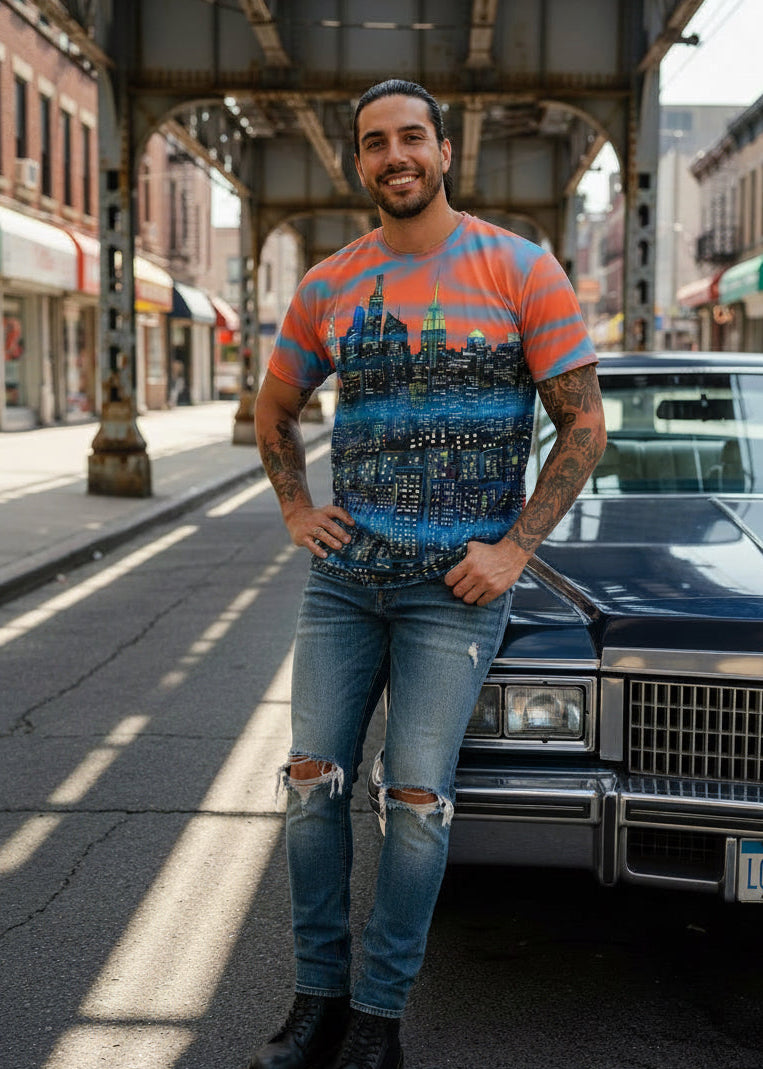 Man wearing a colorful t-shirt with a cityscape Loria NYC Art design standing on a street.