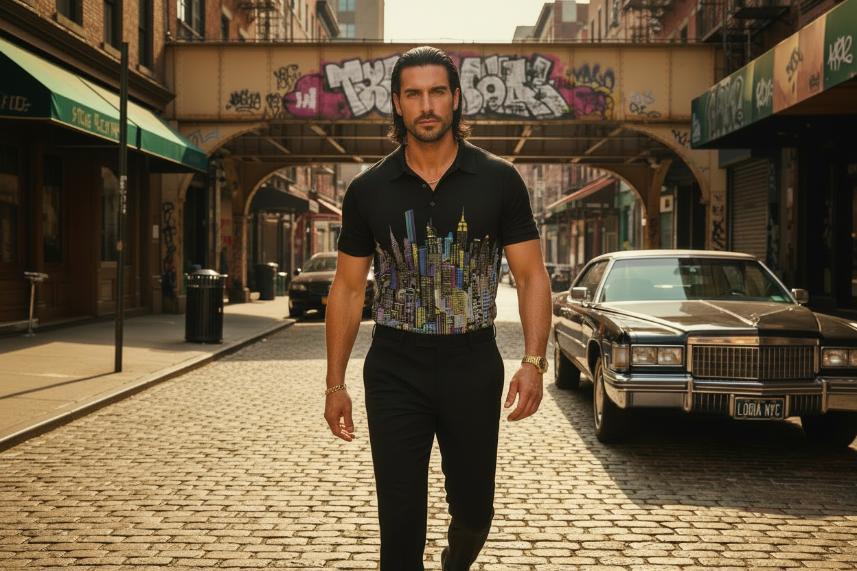 Man wearing a black Loria NYC Art polo dress shirt walking in an urban setting.