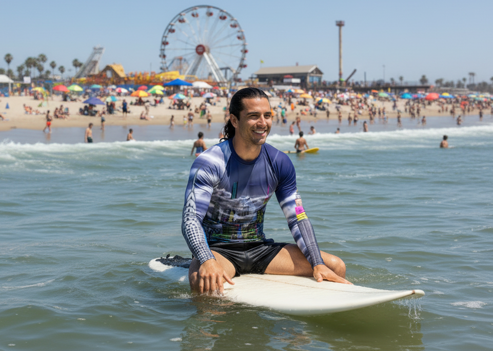 Man sitting on a  surf board wearing a colorful Loria NYC Art shirt  with a beach in the background.