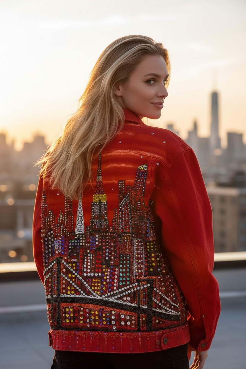 A woman wearing a red jacket with a large, detailed Loria NYC Art skyline and bridge design embellished with rhinestones, photographed from behind against a city skyline at sunset.