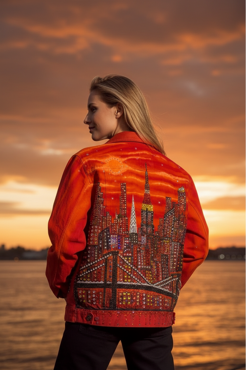 A woman stands outdoors at sunset facing away from the camera, wearing a bright orange Loria NYC Art jacket with a large city skyline and bridge design embellished with rhinestones on the back.