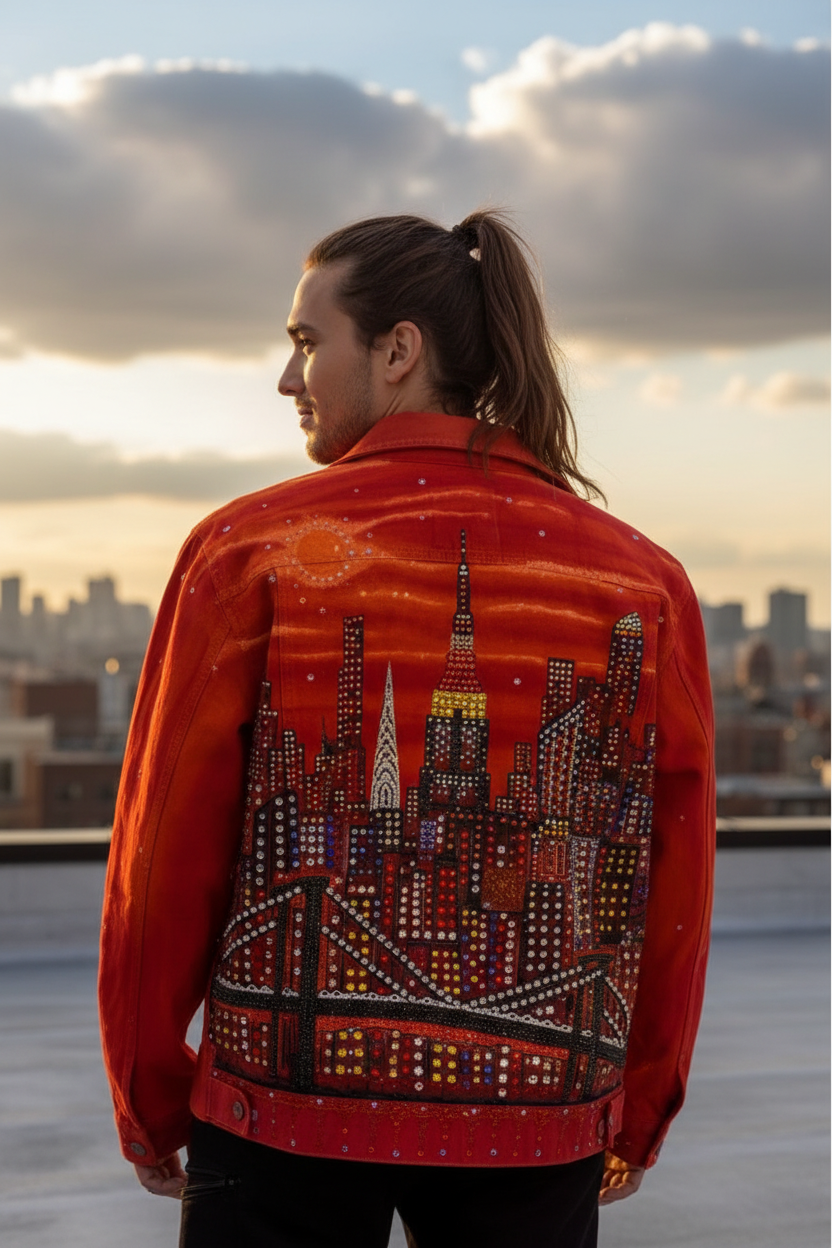 A man viewed from behind wearing a bright red  Loria NYC Art jacket with a detailed New York City skyline design on the back, set against a city skyline at sunset.