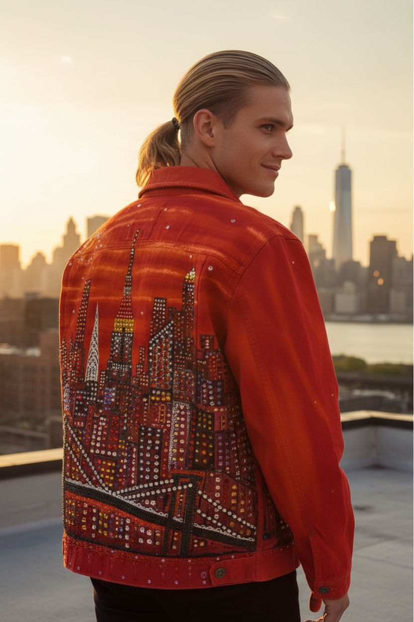 A man wearing a  Loria NYC Art orange denim jacket with a detailed New York City skyline graphic on the back, photographed from behind against a warm sunset cityscape.