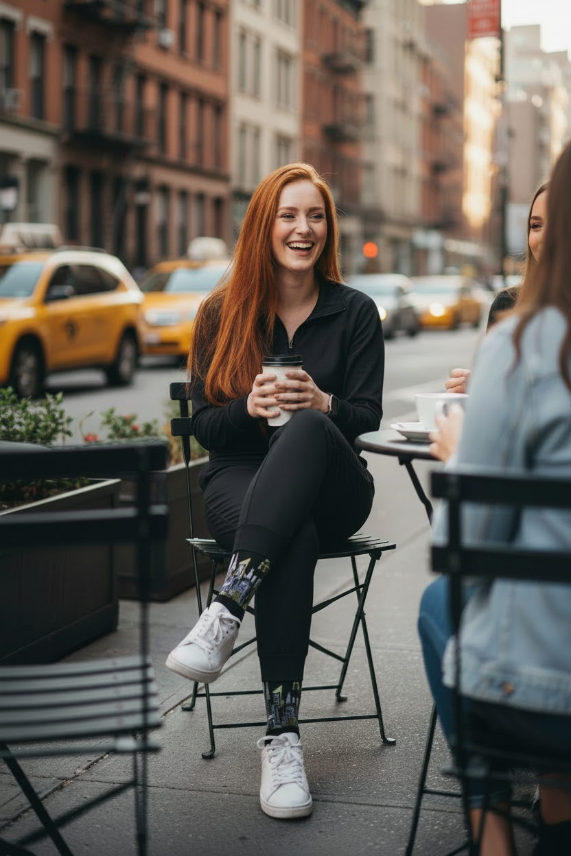 A woman with long red hair sits at an outdoor cafe table on a city sidewalk, smiling and holding a coffee cup. She is wearing a black long-sleeve top, black leggings, Loria NYC Art socks and white sneakers.