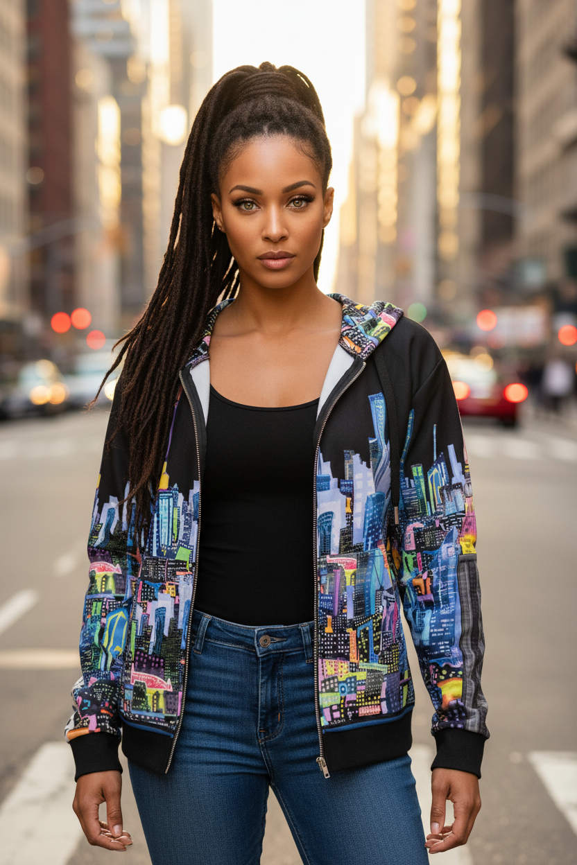 A woman stands on a city street wearing a black zip-up hoodie with colorful Loria NYC Art cityscape graphics on the sleeves and hood, layered over a black tank top and blue jeans.