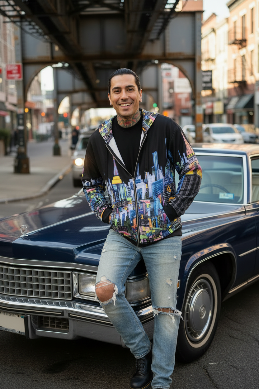 A man wearing a Loria NYC Art black zip-up hoodie with a colorful city skyline graphic print on the front and sleeves, paired with ripped light-wash jeans, posing on the hood of a vintage blue car on a city street under an elevated train track.