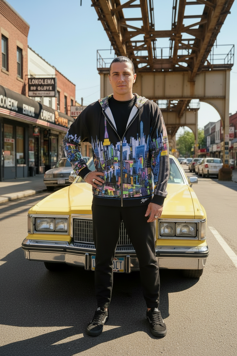 A man stands in front of a yellow vintage car on a city street under an elevated train track, wearing a black zip-up Loria NYC Art hoodie with a colorful cityscape graphic print on the front and sleeves, black pants, and bright black sneakers.