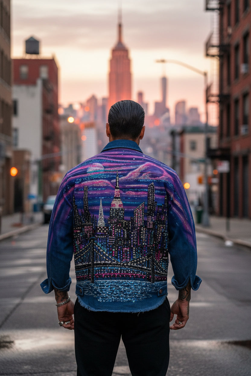 Person wearing a colorful jacket with a cityscape Loria NYC Art design, standing on a street with a city skyline in the background.