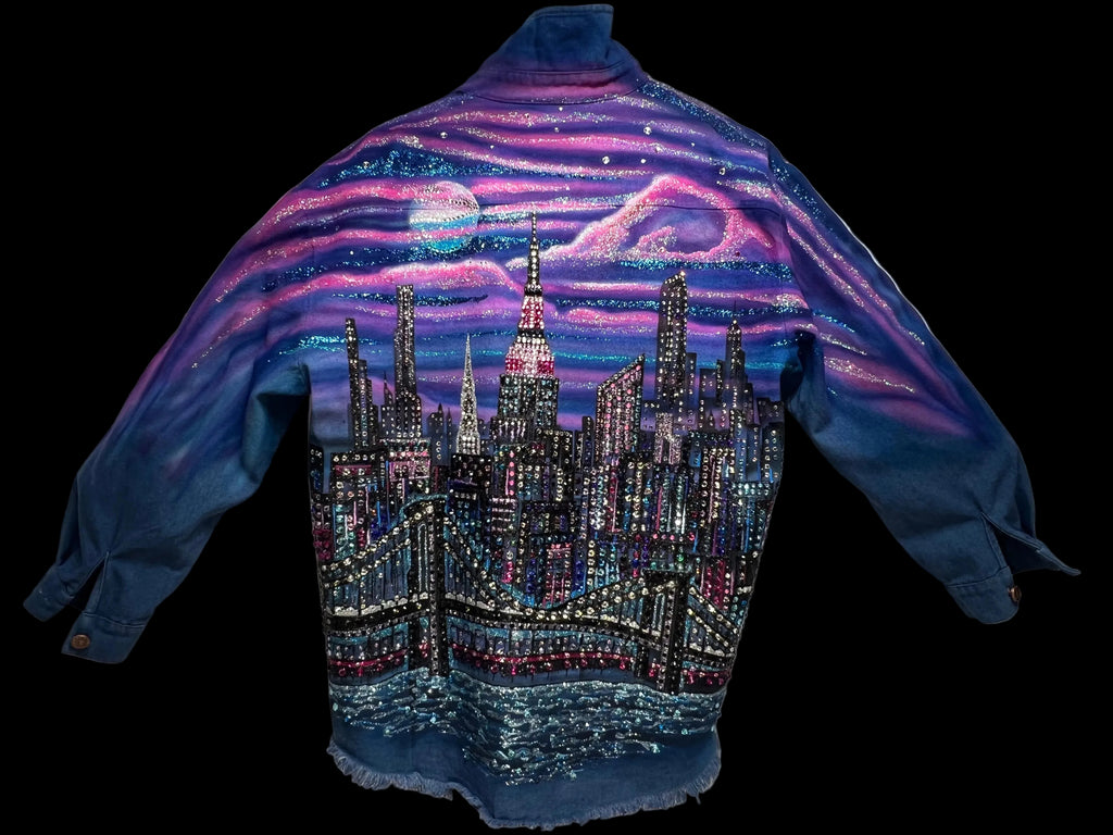 Blue jacket with a cityscape Loria NYC Art design on a dark background