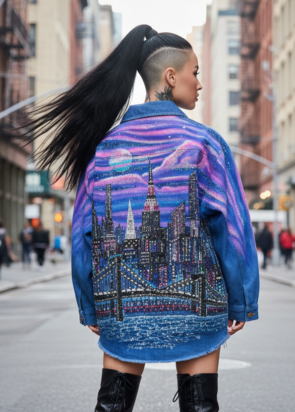 Person wearing a colorful jacket with a cityscape Loria NYC Art jacket design on a city street.