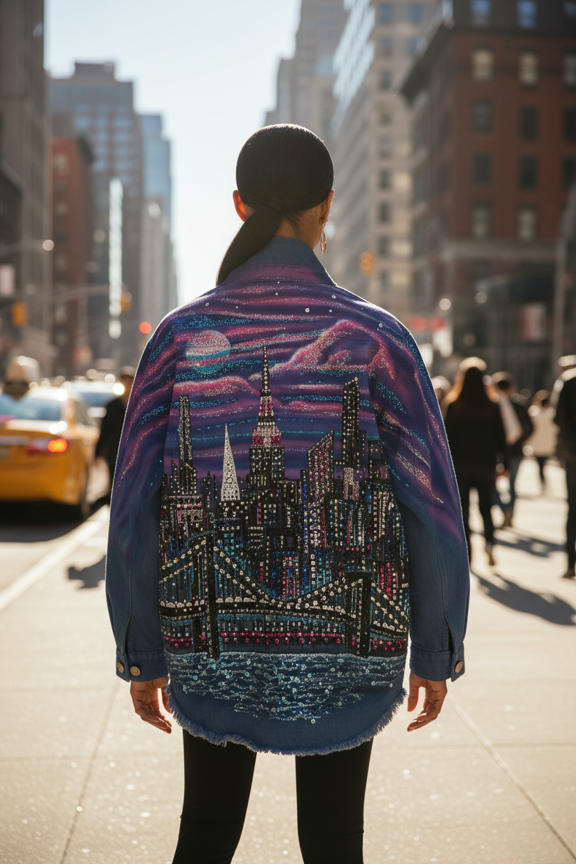Person wearing a colorful jacket with a cityscape Loria NYC Art design on a city street.