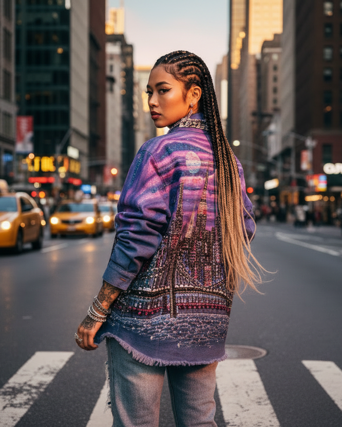 A woman stands on a city crosswalk wearing a colorful purple and blue Loria NYC Art jacket, with a busy city street, yellow cabs, and buildings in the background.