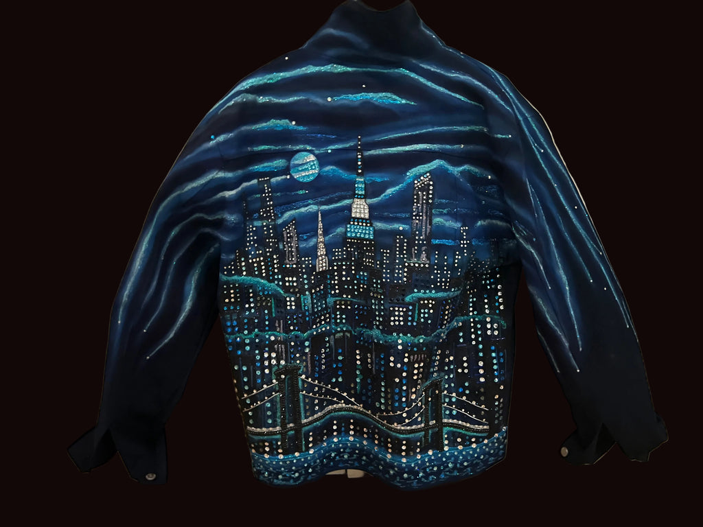 Blue jacket with cityscape Loria NYC Art design against a black background 