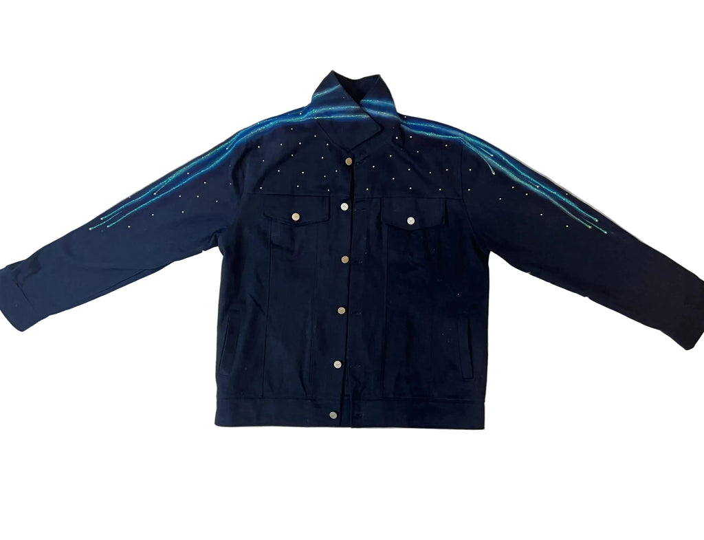 Front of Navy blue Loria NYC Art jacket with white buttons on white background 