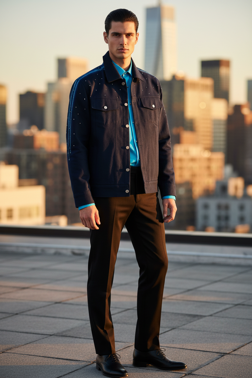 Man in a dark Loria NYC Art jacket and brown pants standing on a rooftop with city skyline in the background