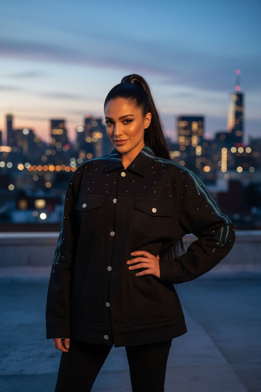 A woman stands on a rooftop at dusk wearing a Loria NYC Art button-front jacket with small metallic embellishments and dark pants, with a blurred city skyline in the background.