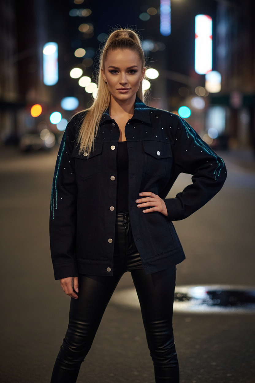 A woman stands on a city street at night wearing a Loria NYC Art jacket with silver rhinestone embellishments on the shoulders and sleeves, paired with black leather pants.