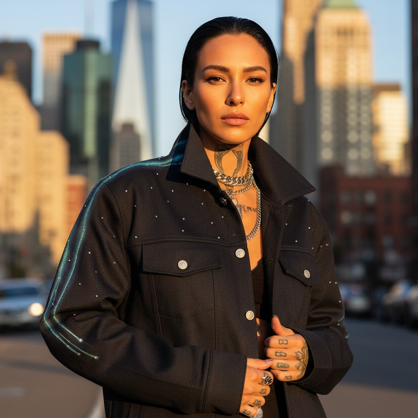 Woman in a blue Loria NYC Art jacket standing on a city street with tall buildings in the background