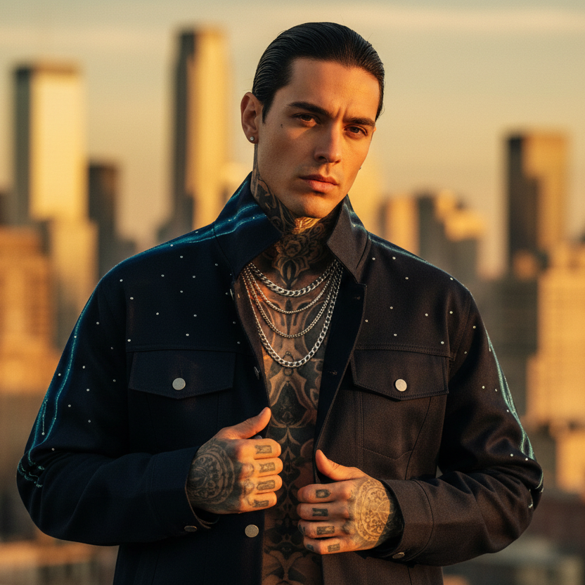 Man with tattoos wearing a dark Loria NYC Art jacket in front of a city skyline