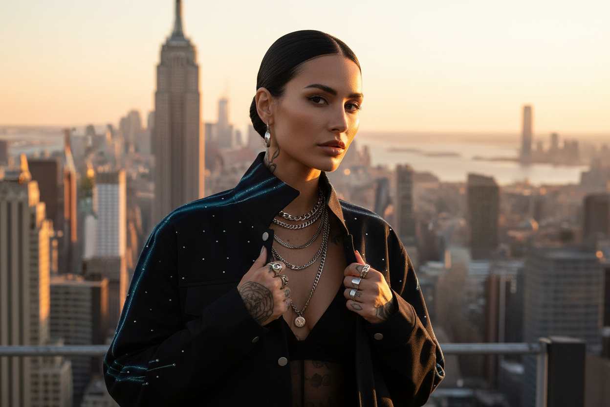 Woman wearing a Loria NYC Art jacket standing in front of a city skyline with the Empire State Building at sunset.
