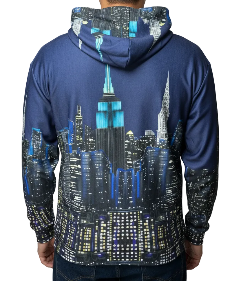 Person wearing a hoodie with a Loria NYC Art cityscape design on the back against a white background