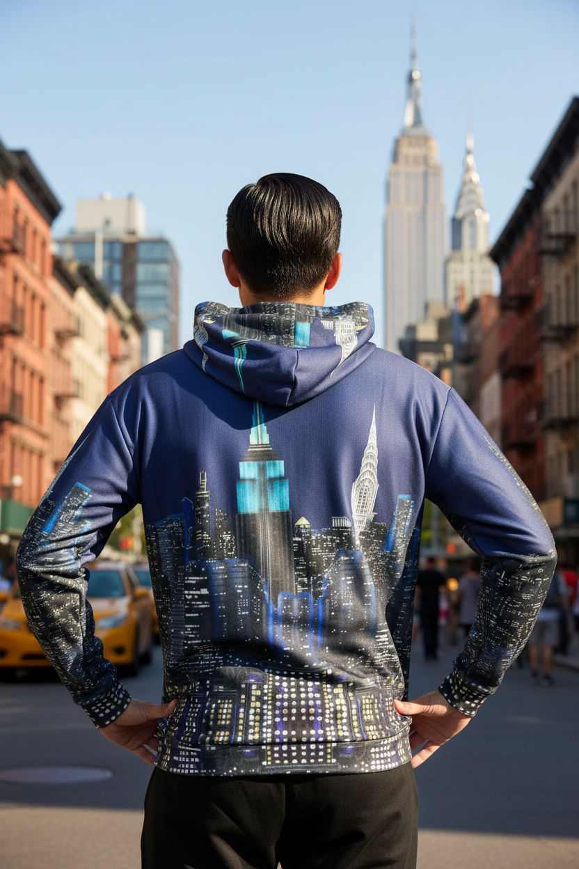 Person wearing a hoodie with a cityscape Loria NYC Art design, standing on a street with buildings in the background.