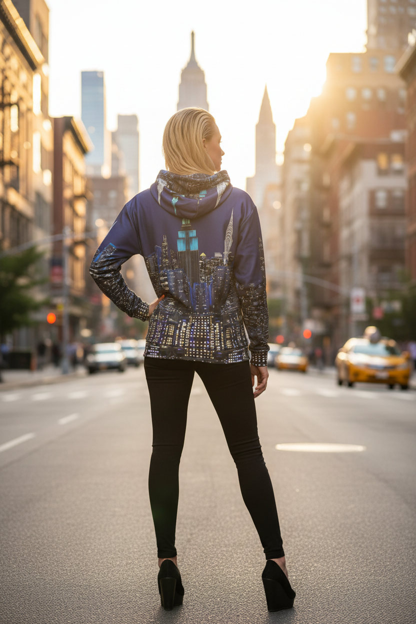 Person wearing a Loria NYC Art jacket standing on a city street with tall buildings in the background