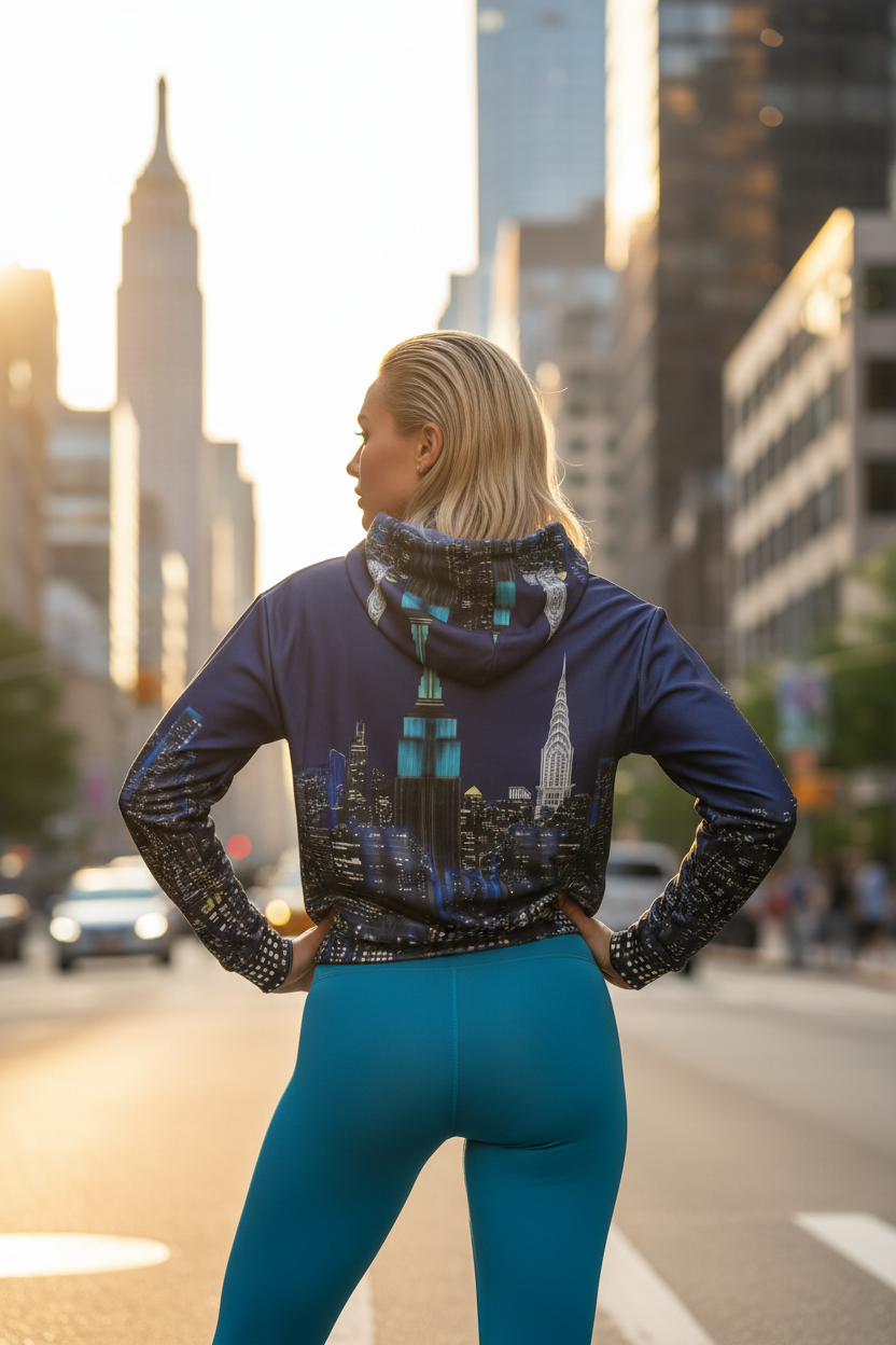 Person wearing a hoodie with a cityscape Loria NYC Art design on a city street