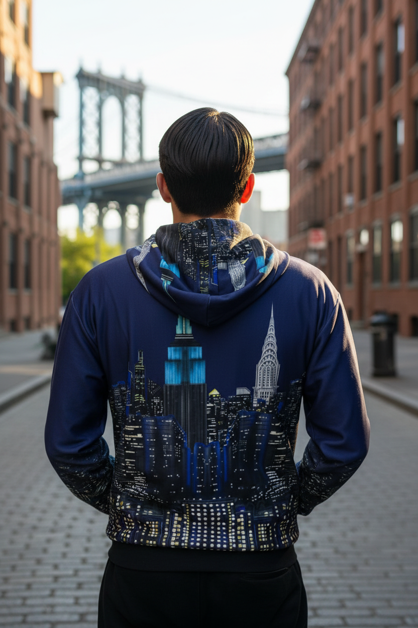 Person wearing a blue hoodie with cityscape Loria NYC Art design in an urban setting