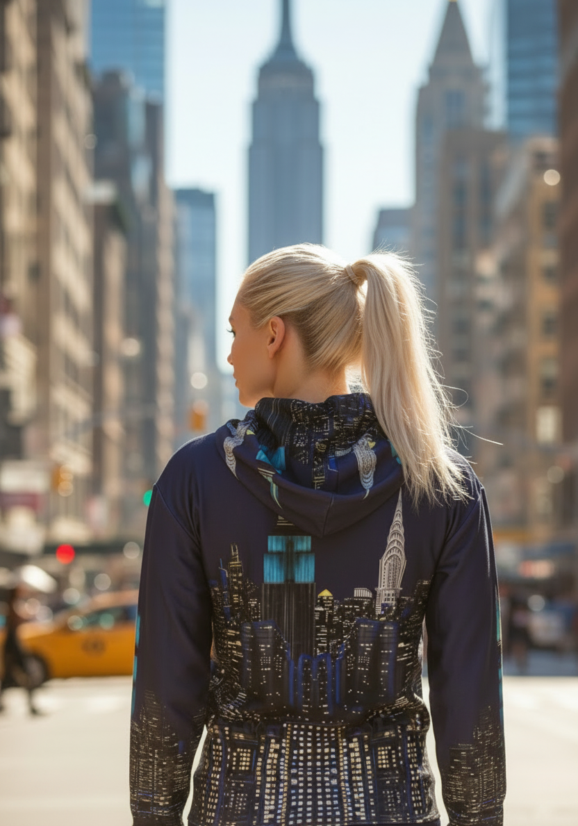 Person wearing a cityscape Loria NYC Art hoodie in an urban setting with tall buildings.