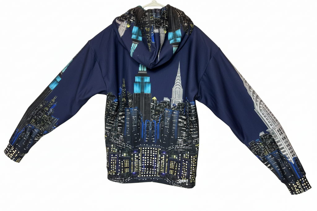 Navy blue jacket with Loria NYC Art cityscape design on a white background