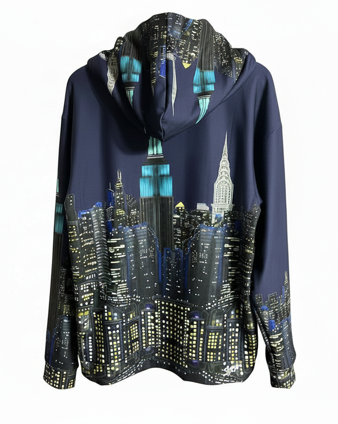 Hoodie with a Loria NYC Art cityscape design on a white background