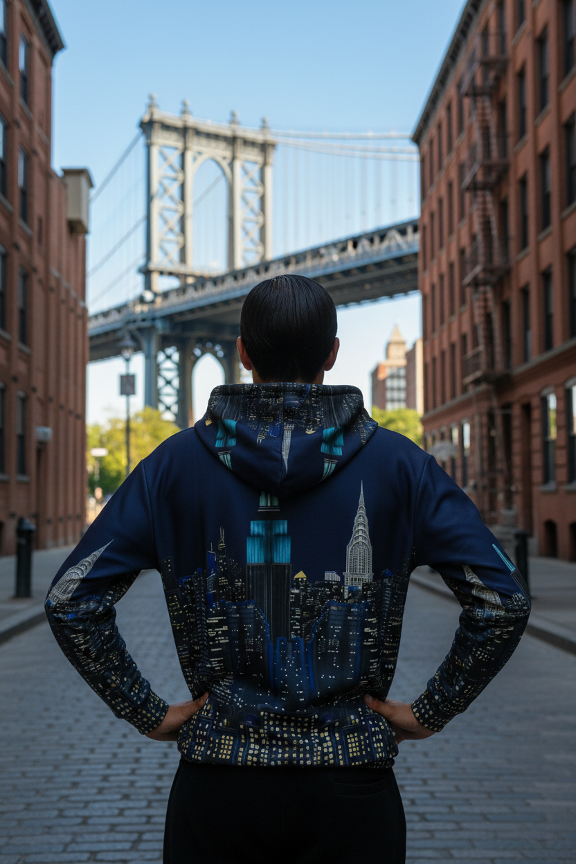 Person wearing a hoodie with a  Loria NYC Art cityscape design in an urban setting with a bridge in the background