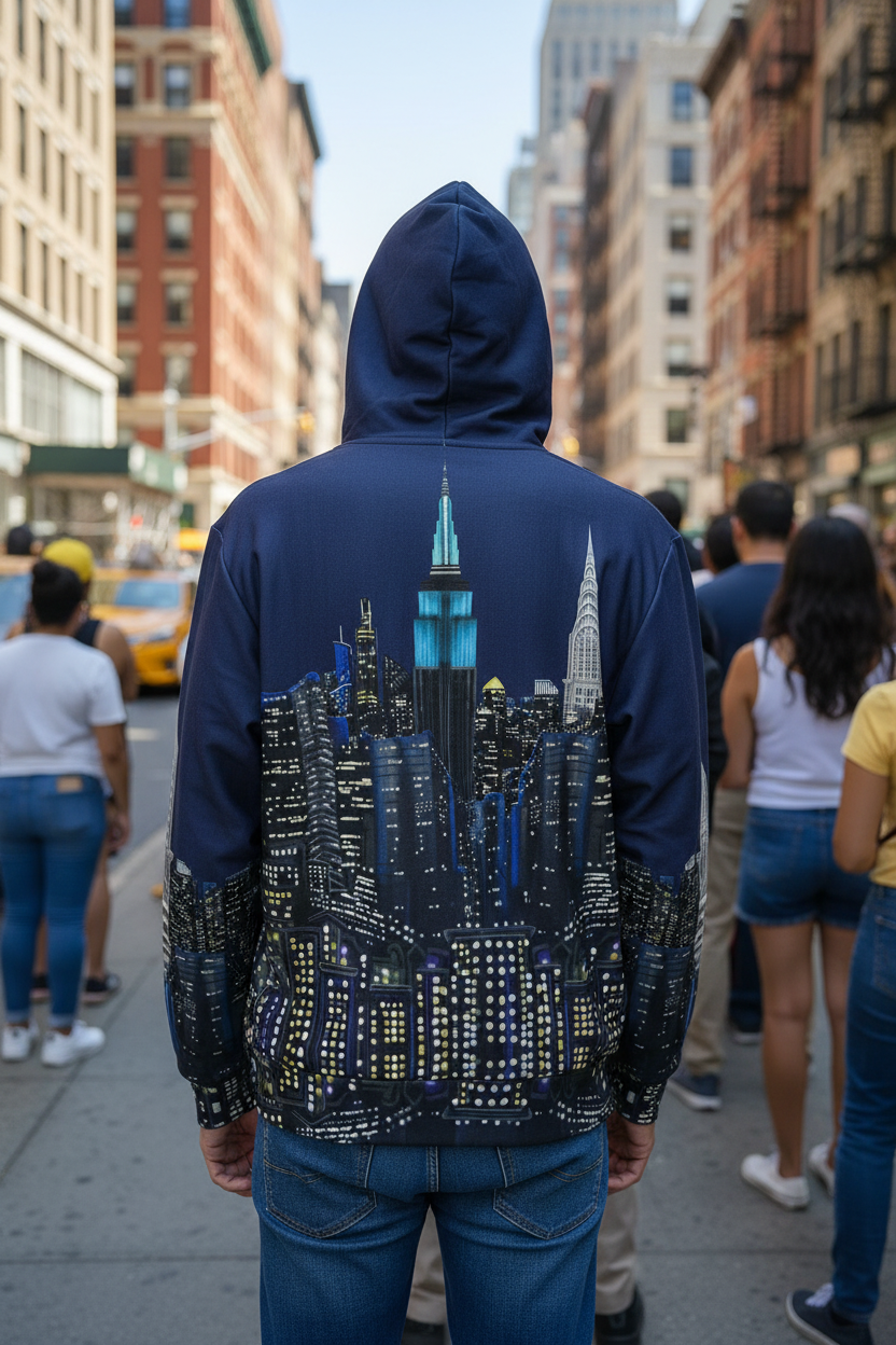 Person wearing a hoodie with a Loria NYC Art cityscape design on a busy street