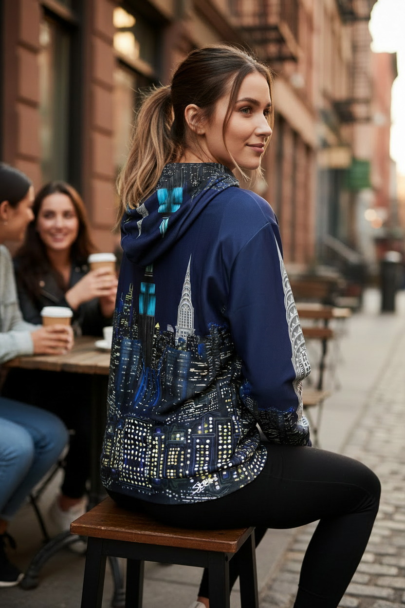A woman sitting on a stool at an outdoor cafe, wearing a navy blue hoodie with a detailed Loria NYC Art print on the back and sleeves, featuring silver rhinestone embellishments.