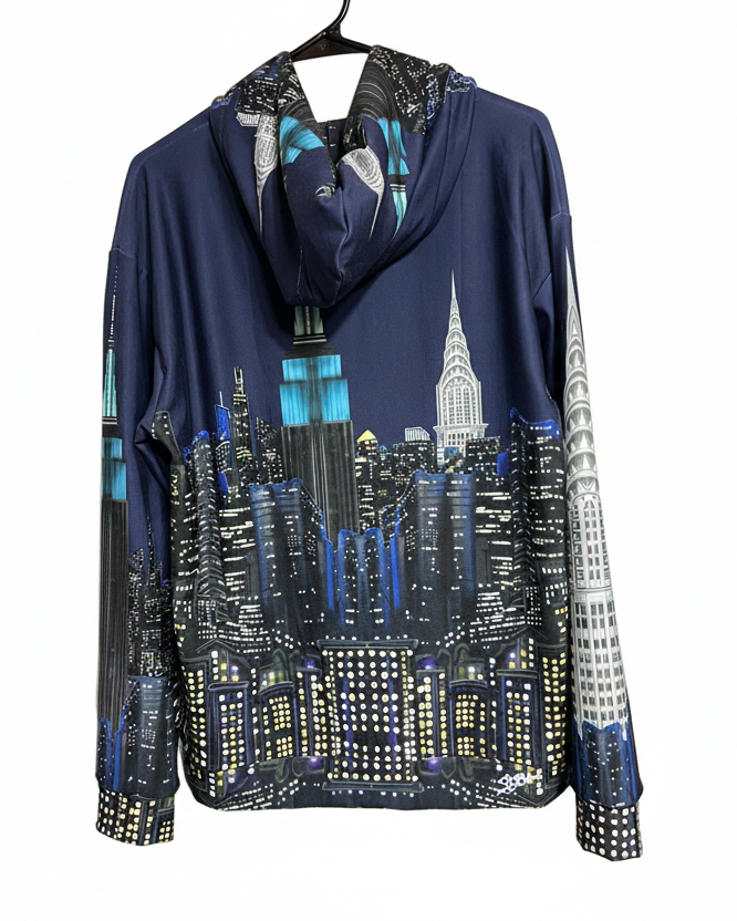 Hoodie with Loria NYC Art cityscape design on a white background