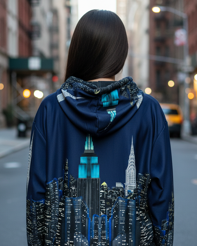 Girl wearing hoodie with Loria NYC Art design with an urban background 