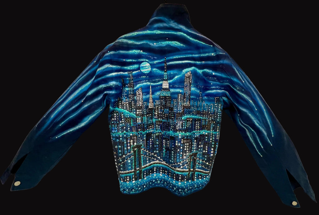 Navy blue jacket with a Loria NYC Art cityscape design on a black background
