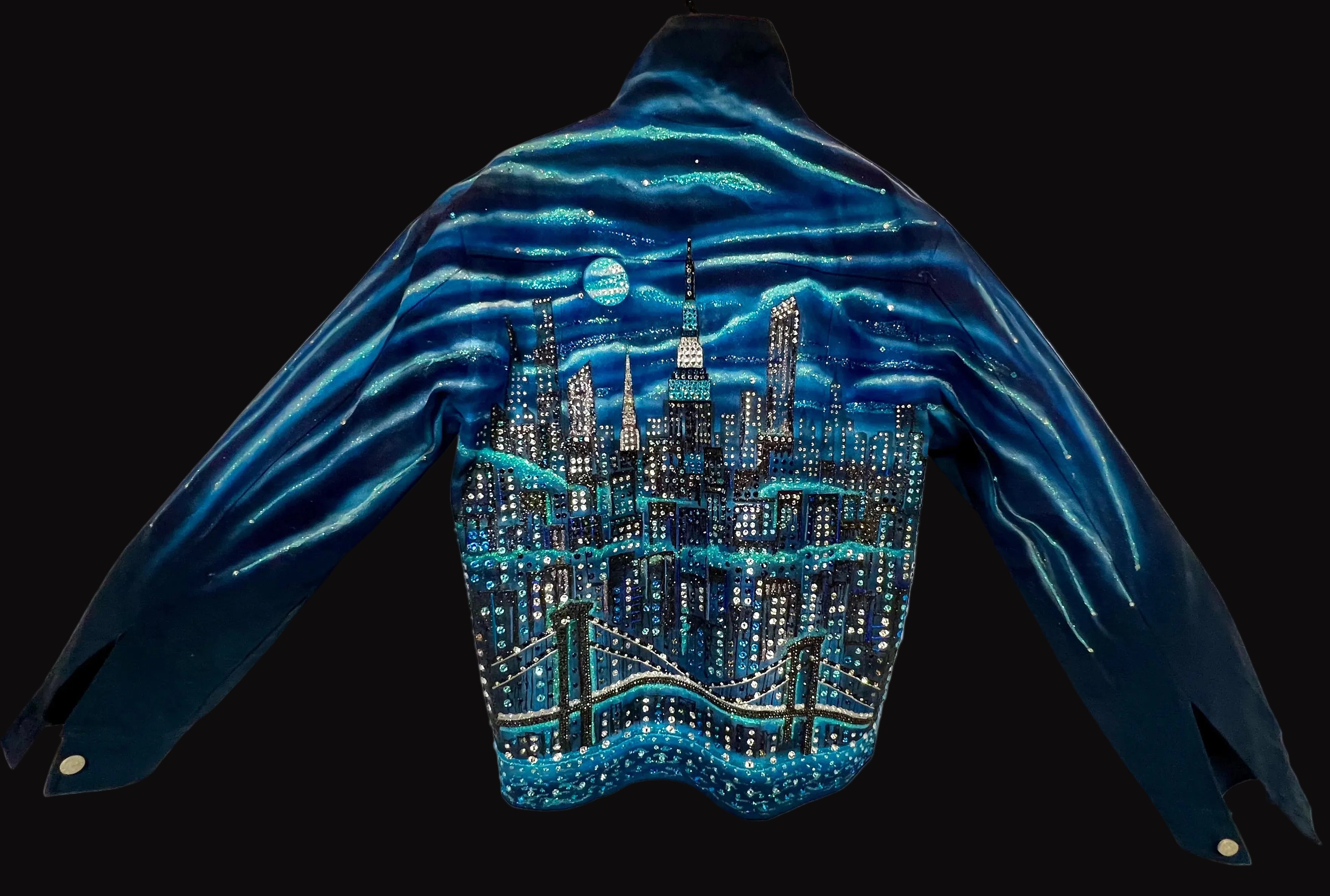 Navy blue jacket with a Loria NYC Art cityscape design on a black background