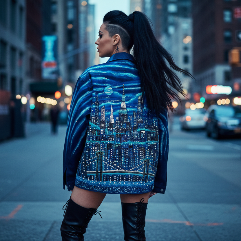 Woman wearing a blue jacket with cityscape Loria NYC Art design on a city street at night.