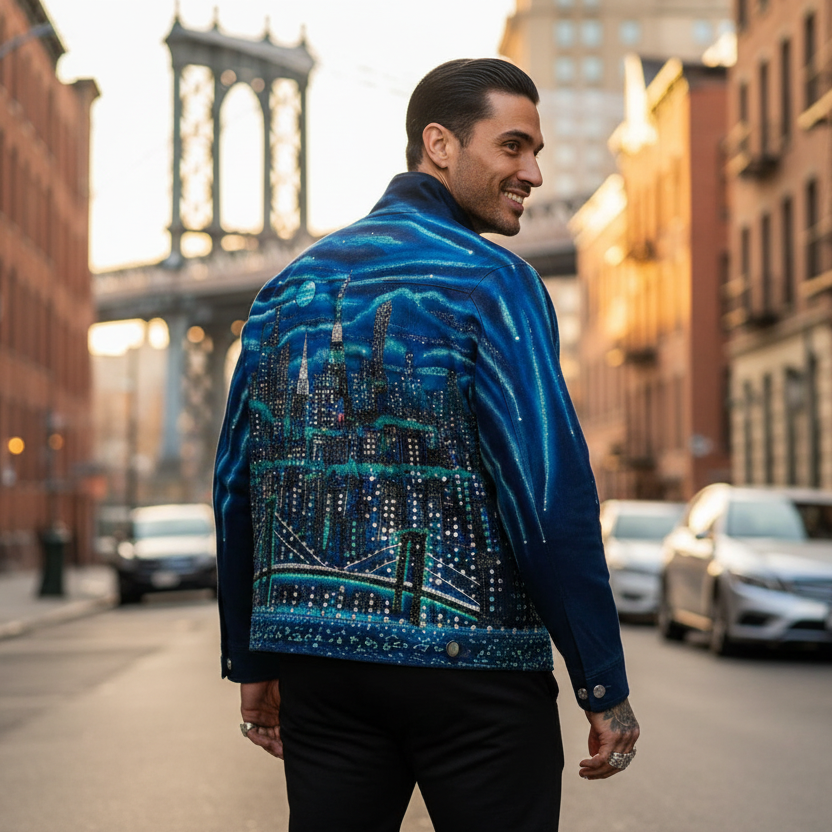 Man wearing a blue jacket with a cityscape Loria NYC Art design, standing on a street with buildings and cars in the background.
