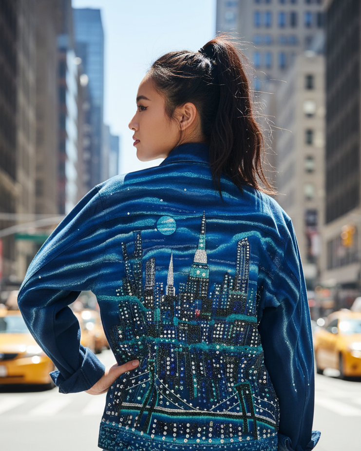 Female posing in a cityscape Loria NYC Art blue jacket in an urban setting