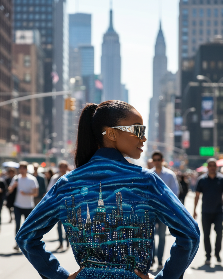Person wearing a blue jacket with a cityscape Loria NYC Art design in an urban setting