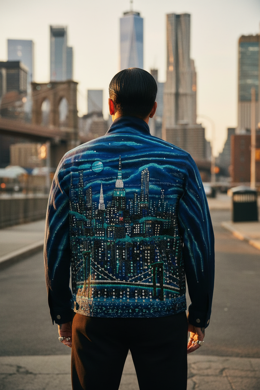 Person wearing a jacket with a Loria NYC Art cityscape design, standing in an urban setting with buildings in the background.