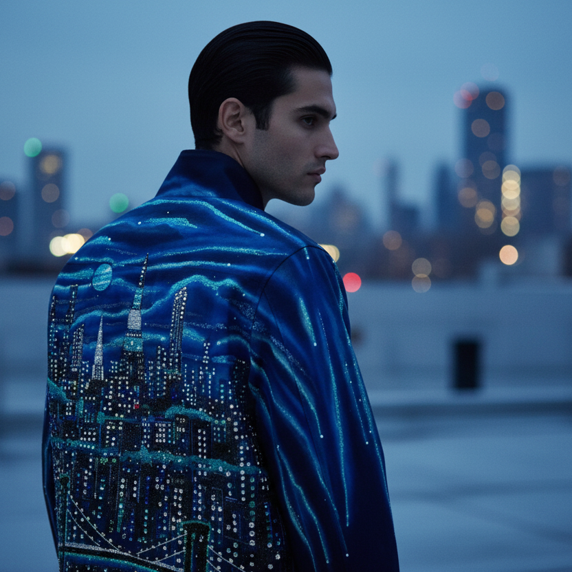 Man wearing a blue jacket with Loria NYC Art cityscape design against a blurred city skyline.