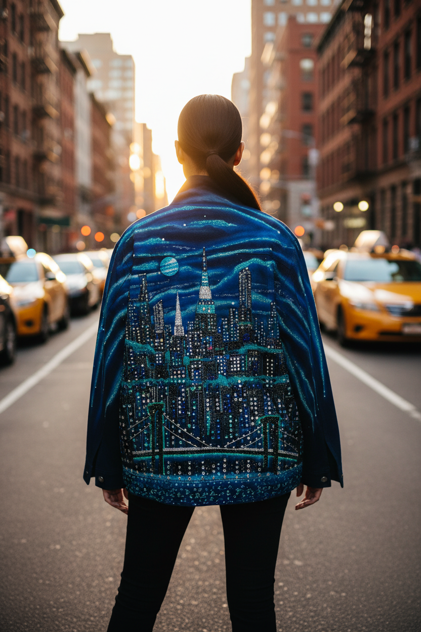 Person wearing a Loria NYC Artblue jacket with a cityscape design on a city street.