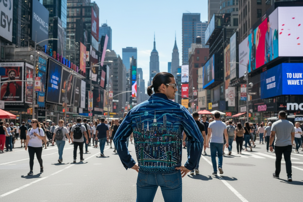 Person wearing a jacket with a Loria NYC Art design in Times Square, New York City.