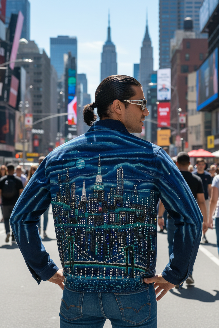 Person wearing a blue jacket with a cityscape Loria NYC Art design in Times Square, New York City.