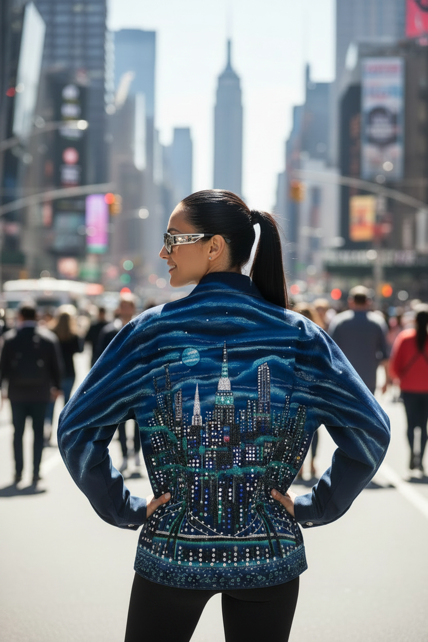 Person wearing a blue jacket with a cityscape Loria NYC Art design in Times Square, New York City.